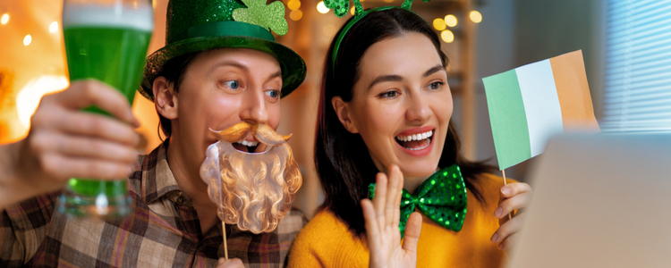 happy couple celebrating St. Patrick's Day at home bar crawl